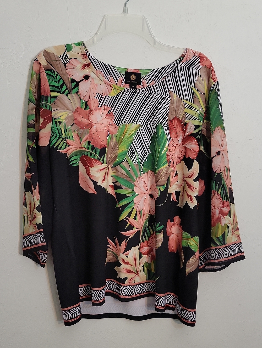 JM Collection Black Floral Tunic with Pink and Green Tropical Print